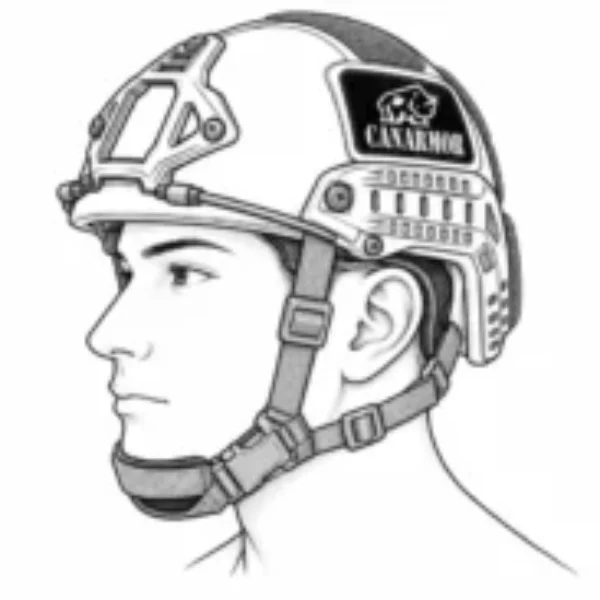 Side-profile illustration of a person wearing a FAST type protective helmet with a chin strap and CANARMOR logo