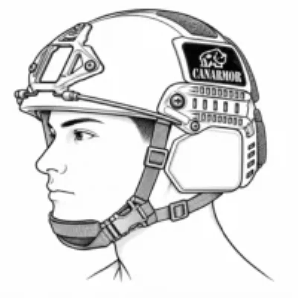 Side-profile illustration of a person wearing a MICH type Canarmor protective helmet with a chin strap