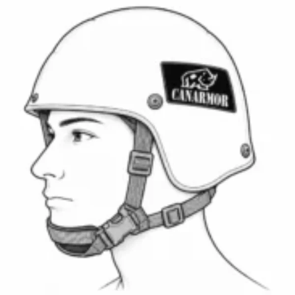 Side-profile illustration of a person wearing a PASGT type Canarmor protective helmet with a chin strap
