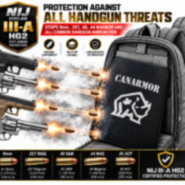 NIJ III-A HG2 soft armor backpack shown stopping common handgun rounds, including 9mm, .357 Magnum, .40 S&W, .44 Magnum, and .45 ACP