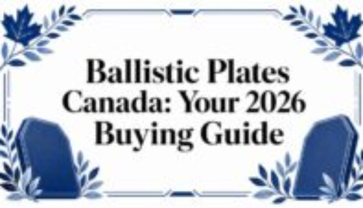 Cover art for 'Ballistic Plates Canada: Your 2026 Buying Guide' with blue decorative border and two ballistic plate silhouettes.