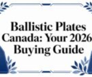 Cover art for 'Ballistic Plates Canada: Your 2026 Buying Guide' with blue decorative border and two ballistic plate silhouettes.