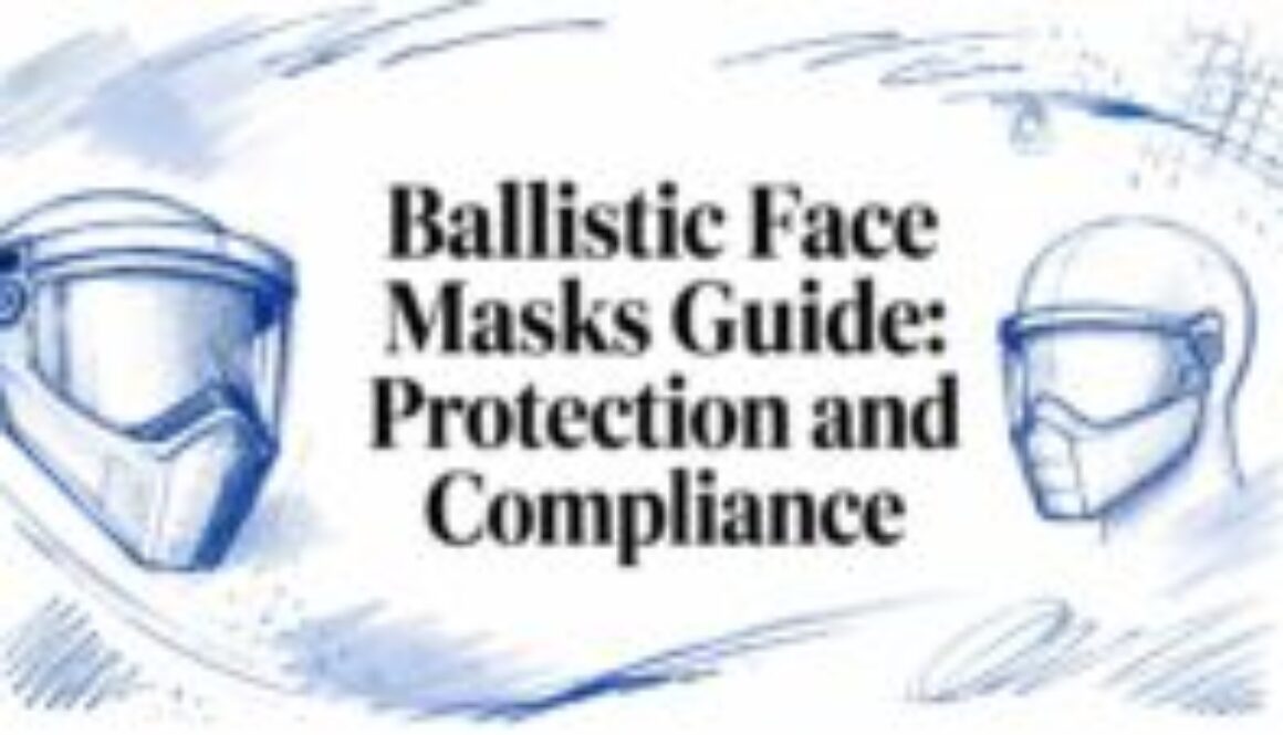 Headline image: bold title 'Ballistic Face Masks Guide: Protection and Compliance' with blue sketch drawings of protective masks on sides.