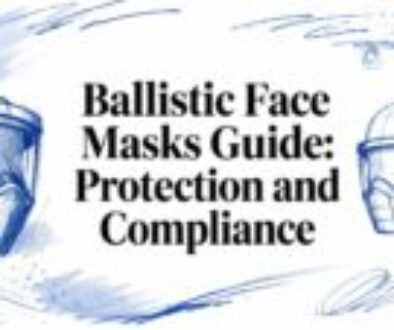 Headline image: bold title 'Ballistic Face Masks Guide: Protection and Compliance' with blue sketch drawings of protective masks on sides.