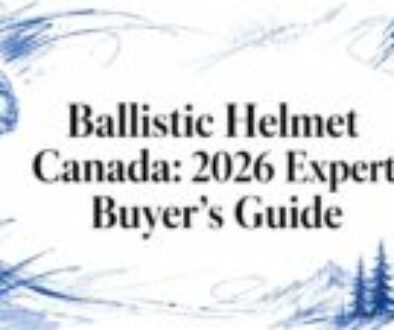 Banner for Ballistic Helmet Canada: 2026 Expert Buyer’s Guide with a blue helmet sketch on the left and mountain scenery on the right.