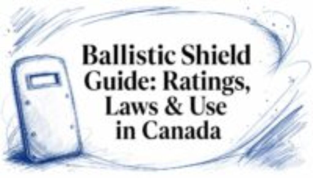 Blue sketch of a ballistic shield on the left with the bold title “Ballistic Shield Guide: Ratings, Laws & Use in Canada” across the center.