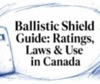 Blue sketch of a ballistic shield on the left with the bold title “Ballistic Shield Guide: Ratings, Laws & Use in Canada” across the center.