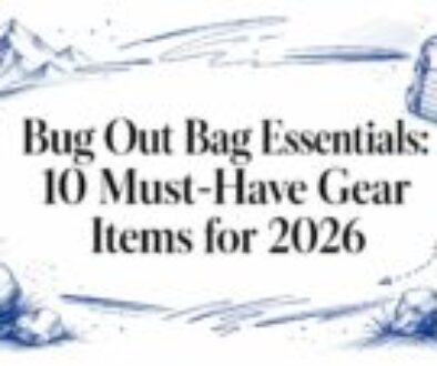 Blue sketch banner with backpack, water bottle, and mountains; headline: Bug Out Bag Essentials: 10 Must-Have Gear Items for 2026.