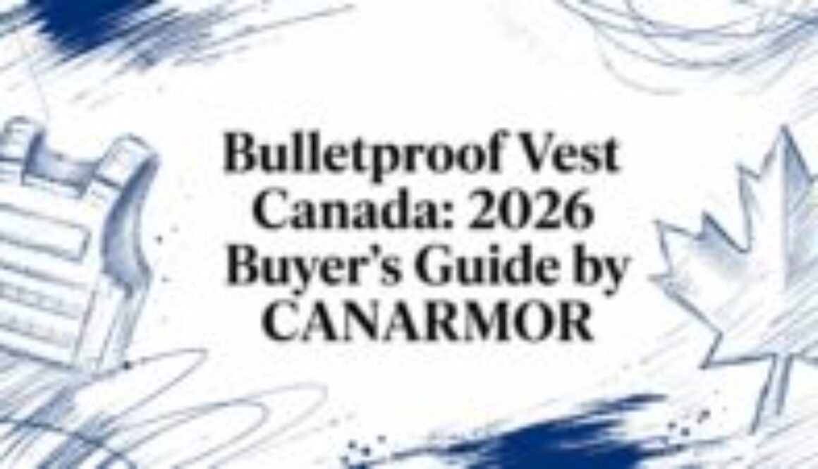 Banner announcing Bulletproof Vest Canada 2026 Buyer's Guide by Canarmor with blue sketch illustrations of a maple leaf and a boot