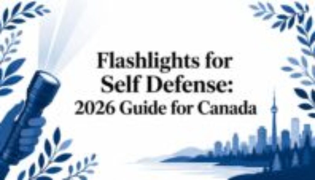 Blue-toned banner with a flashlight in a left hand and a city skyline on the right; title reads 'Flashlights for Self Defense: 2026 Guide for Canada'