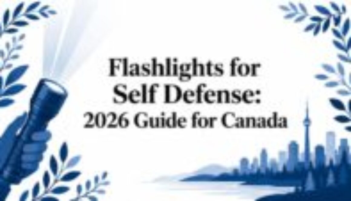 Blue-toned banner with a flashlight in a left hand and a city skyline on the right; title reads 'Flashlights for Self Defense: 2026 Guide for Canada'