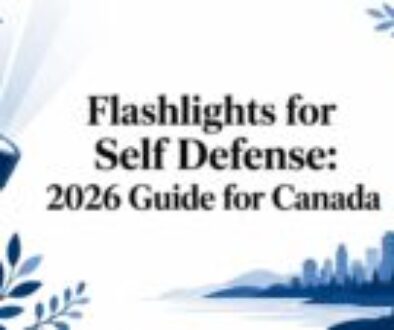 Blue-toned banner with a flashlight in a left hand and a city skyline on the right; title reads 'Flashlights for Self Defense: 2026 Guide for Canada'