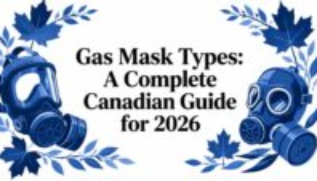 Blue gas masks framed by leaves, with the title 'Gas Mask Types: A Complete Canadian Guide for 2026' at center.