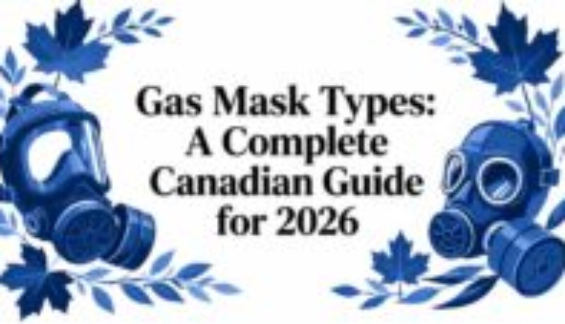 Blue gas masks framed by leaves, with the title 'Gas Mask Types: A Complete Canadian Guide for 2026' at center.