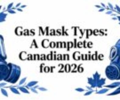 Blue gas masks framed by leaves, with the title 'Gas Mask Types: A Complete Canadian Guide for 2026' at center.