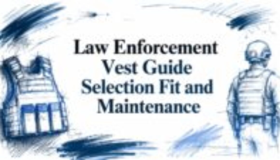 Cover image for a vest guide showing a ballistic vest on the left and a standing officer on the right, with blue brush-stroke art and the title about selection, fit and maintenance.