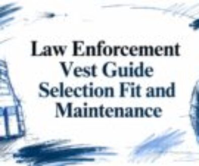 Cover image for a vest guide showing a ballistic vest on the left and a standing officer on the right, with blue brush-stroke art and the title about selection, fit and maintenance.