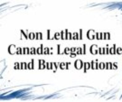 Header graphic reading 'Non Lethal Gun Canada: Legal Guide and Buyer Options' surrounded by blue sketch border with a maple leaf and a camera motif.
