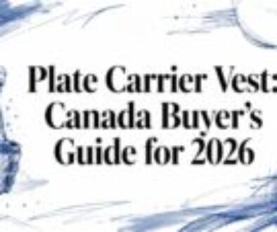 Blue ink-splattered header image featuring a plate carrier vest on the left and the bold title 'Plate Carrier Vest: Canada Buyer’s Guide for 2026'