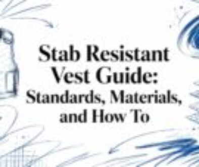 Hero image for an article titled 'Stab Resistant Vest Guide: Standards, Materials, and How To,' featuring a sketch of a vest on the left and stacked protective materials on the right.