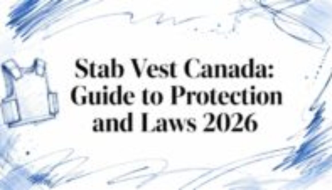 Banner title: 'Stab Vest Canada: Guide to Protection and Laws 2026' with a simple vest sketch on the left and blue abstract doodles in the background, conveying a safety/legal guide theme.