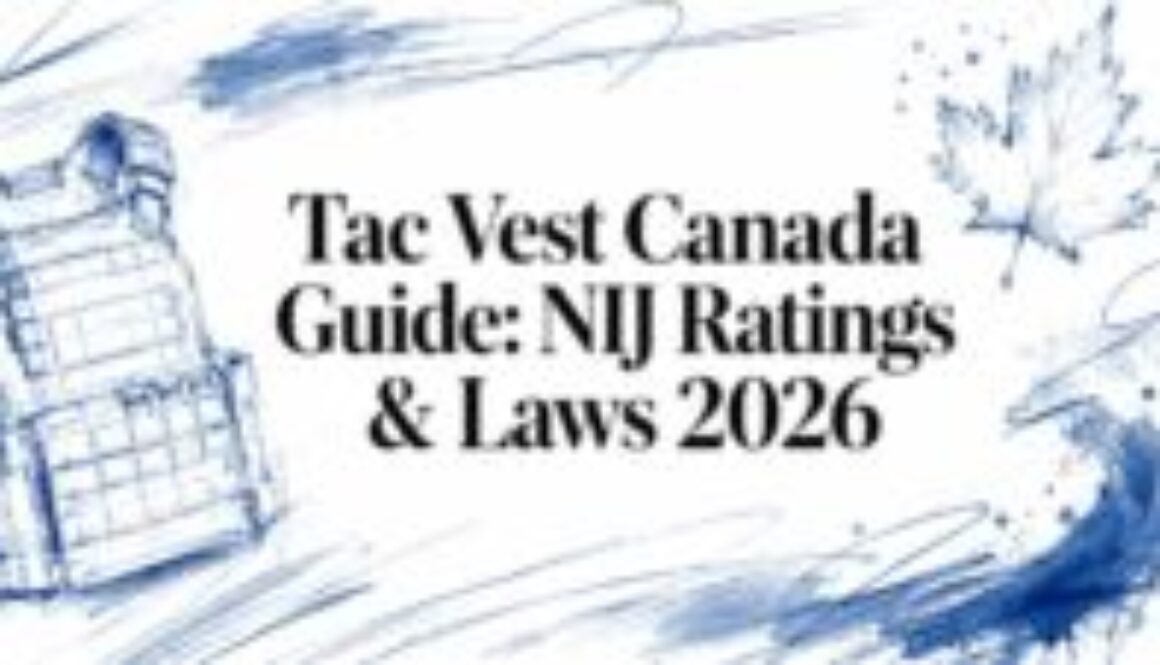 Informational banner about a Tac Vest Canada guide: NIJ ratings & laws 2026 (blue sketch of vest and maple leaf)