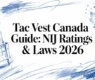 Informational banner about a Tac Vest Canada guide: NIJ ratings & laws 2026 (blue sketch of vest and maple leaf)