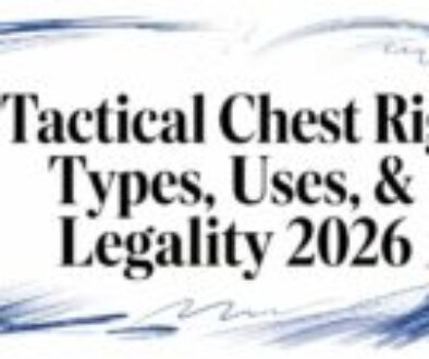 Title card: 'Tactical Chest Rig: Types, Uses, & Legality 2026' with blue brush-stroke border around the edges.