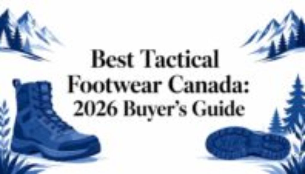 Hero banner with blue mountain illustrations and a tactical boot, framing the title 'Best Tactical Footwear Canada: 2026 Buyer's Guide'