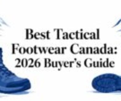 Hero banner with blue mountain illustrations and a tactical boot, framing the title 'Best Tactical Footwear Canada: 2026 Buyer's Guide'