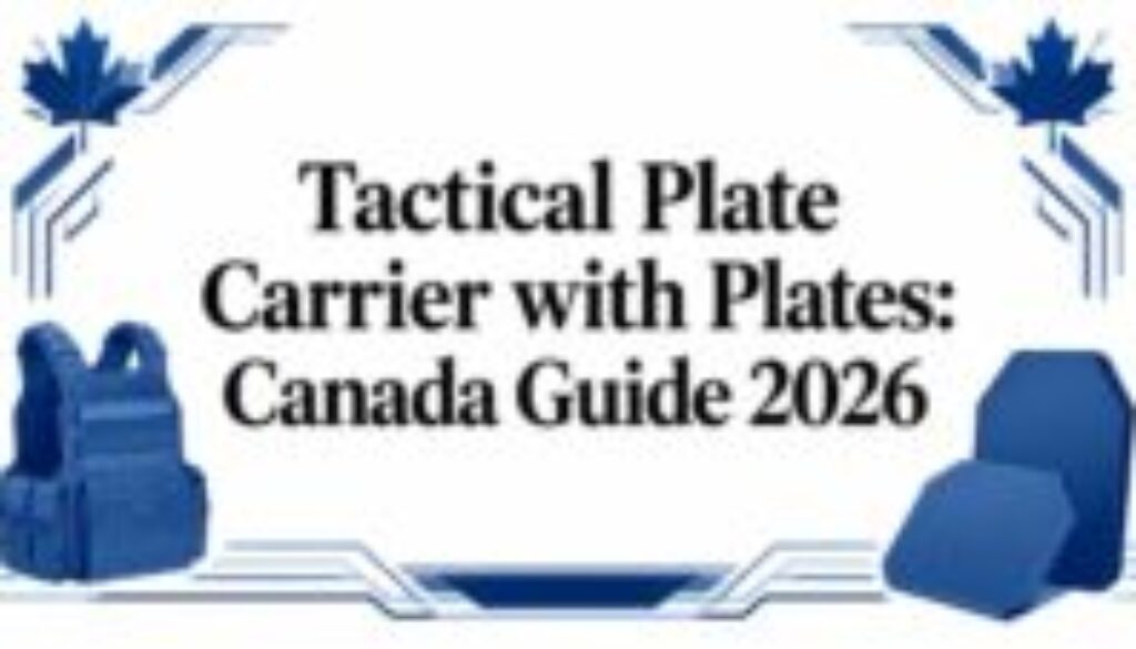Banner showing a blue plate carrier and blue armor plates with maple leaf accents framing the text: 'Tactical Plate Carrier with Plates: Canada Guide 2026'