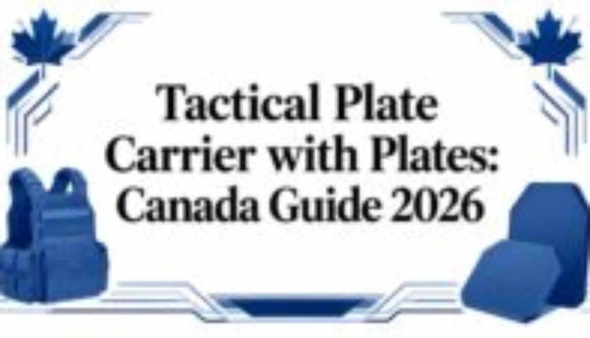 Banner showing a blue plate carrier and blue armor plates with maple leaf accents framing the text: 'Tactical Plate Carrier with Plates: Canada Guide 2026'