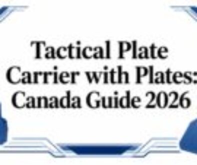 Banner showing a blue plate carrier and blue armor plates with maple leaf accents framing the text: 'Tactical Plate Carrier with Plates: Canada Guide 2026'