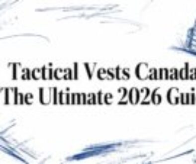 Header banner reading "Tactical Vests Canada: The Ultimate 2026 Guide" with blue sketchy background and a drawn tactical vest on the right side