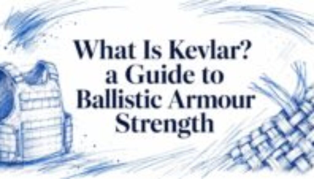 Banner with a blue sketch of a ballistic vest on the left and woven Kevlar fibers on the right, plus the title: “What Is Kevlar? a Guide to Ballistic Armour Strength.”